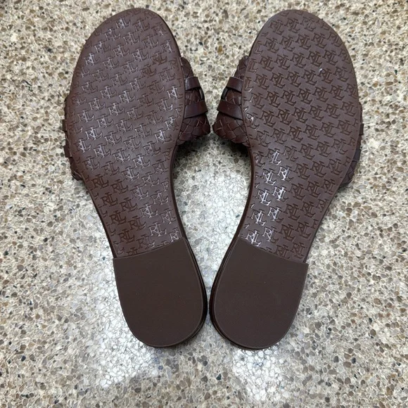 Lauren Ralph Lauren Alegra Woven Leather Brown Slide Sandals - Picture 9 of 10